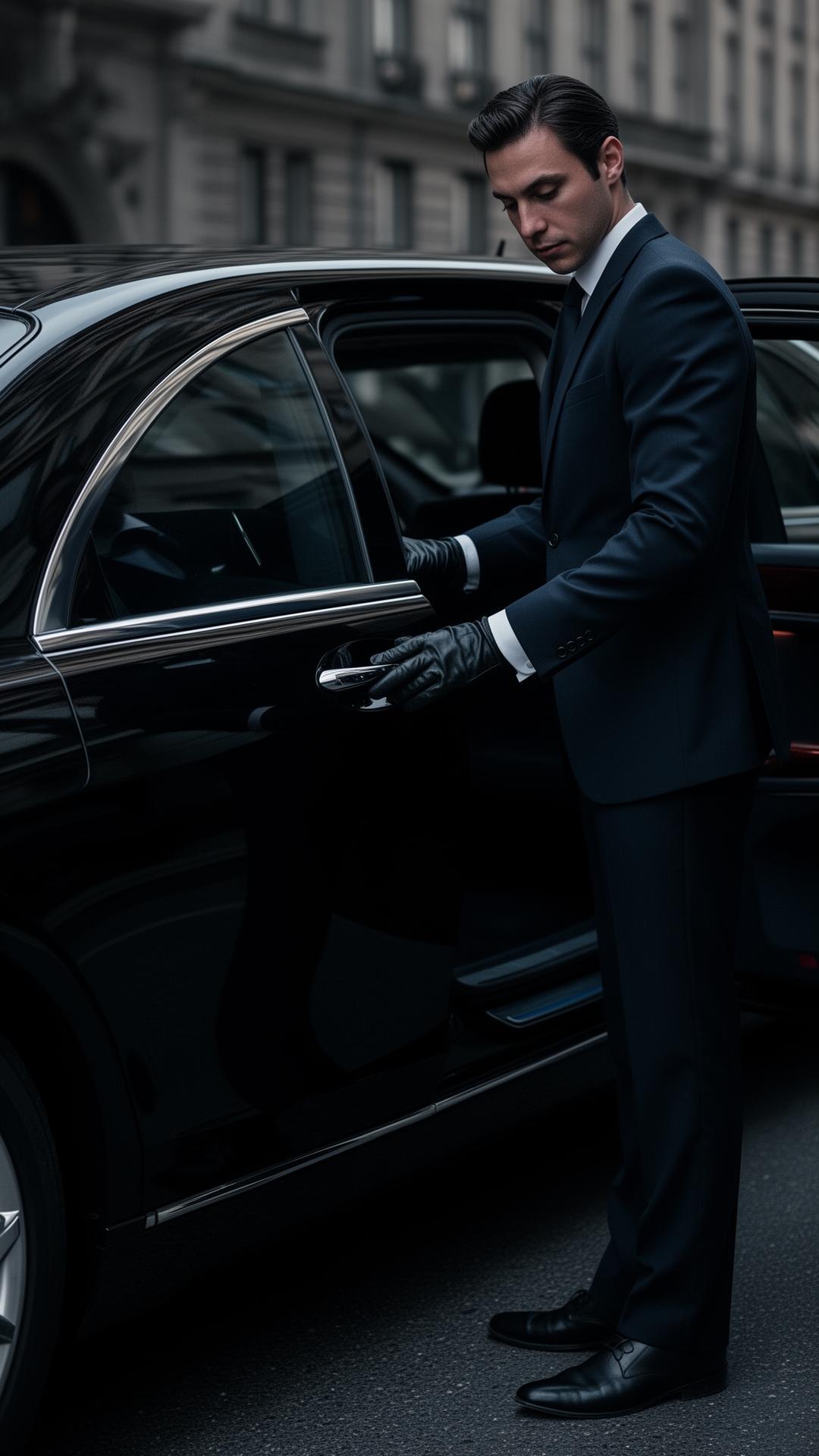 Chauffeur öffnet die Tür einer Luxuslimousine in München